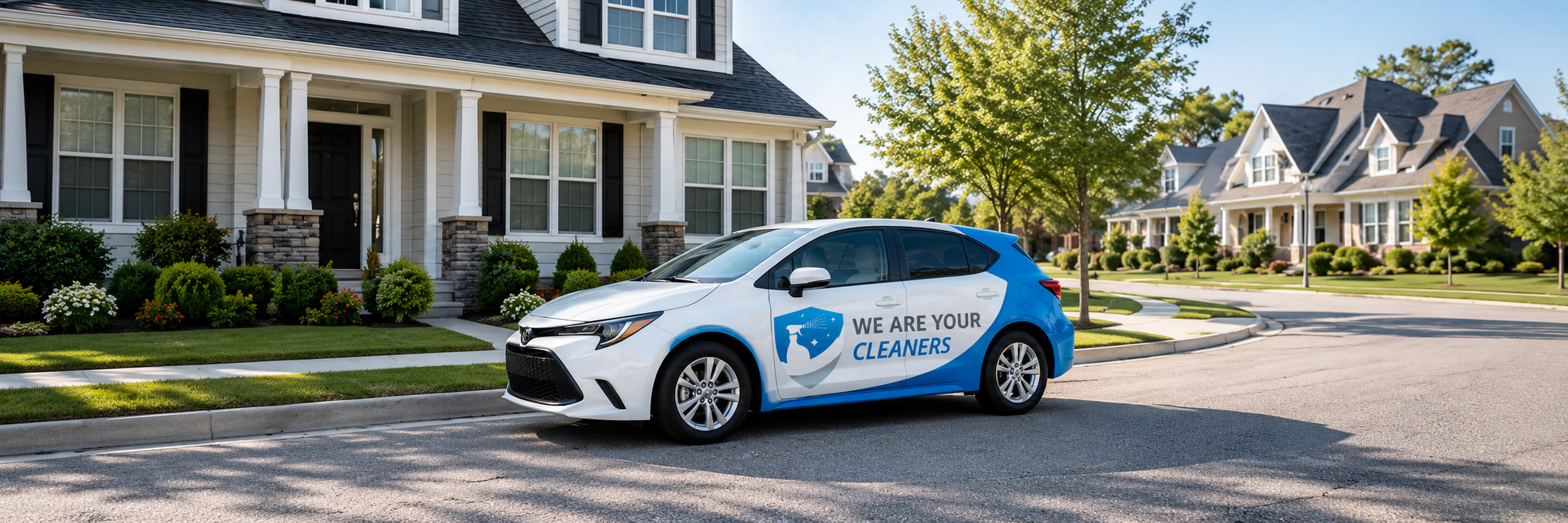 Branded cleaning vehicle parked in a residential neighborhood